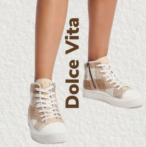 Dolce Vita Veola Plaid Cream-Tan Leather Fabric Hi-Top Casual  Sneakers Sz 10 - Picture 1 of 11